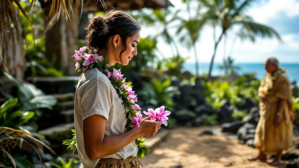 respectful orchid lei wearing