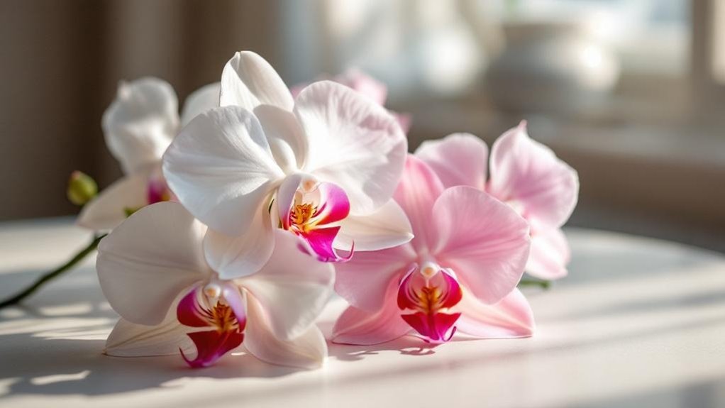 polished white orchids with pink